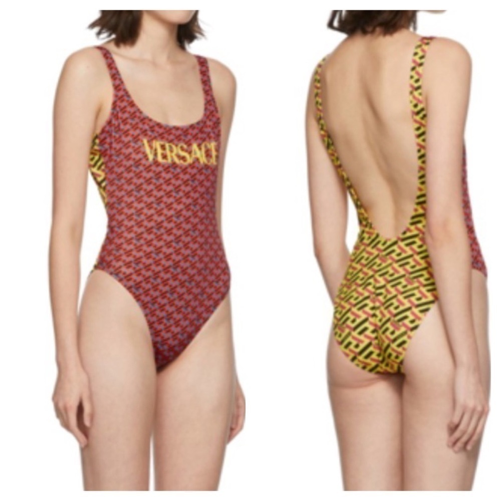 Versace Greca Print One Piece  Swimsuit: red royal blue and yellow
